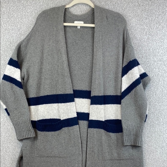 Lucky Brand long line cardigan varsity stripe split side seams pockets L soft - Picture 1 of 10